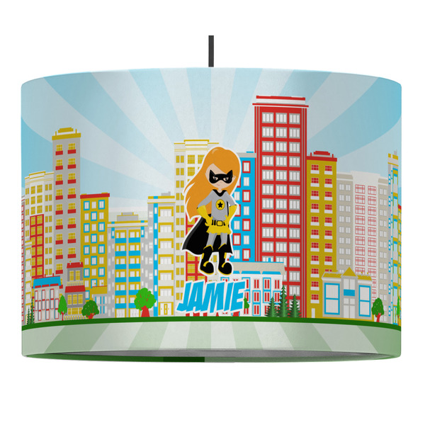 Custom Superhero in the City 16" Drum Pendant Lamp - Fabric (Personalized)