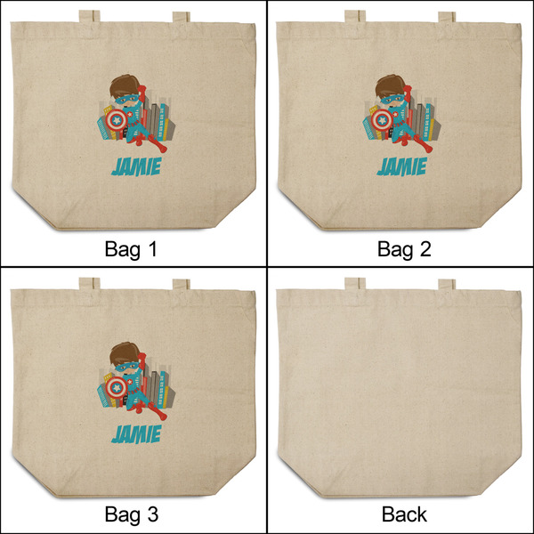 Superhero in the City 3 Reusable Cotton Grocery Bags - Front & Back View