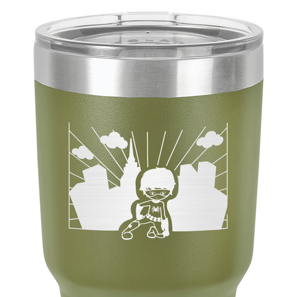Superhero in the City 30 oz Stainless Steel Ringneck Tumbler - Olive - Close Up