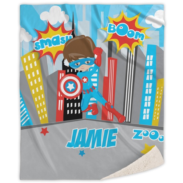 Custom Superhero in the City Sherpa Throw Blanket - 60"x80" (Personalized)