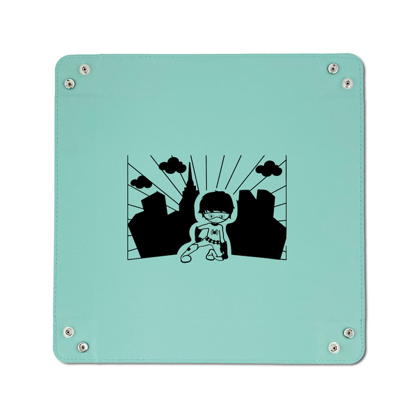 Superhero in the City 6" x 6" Teal Leatherette Snap Up Tray - APPROVAL