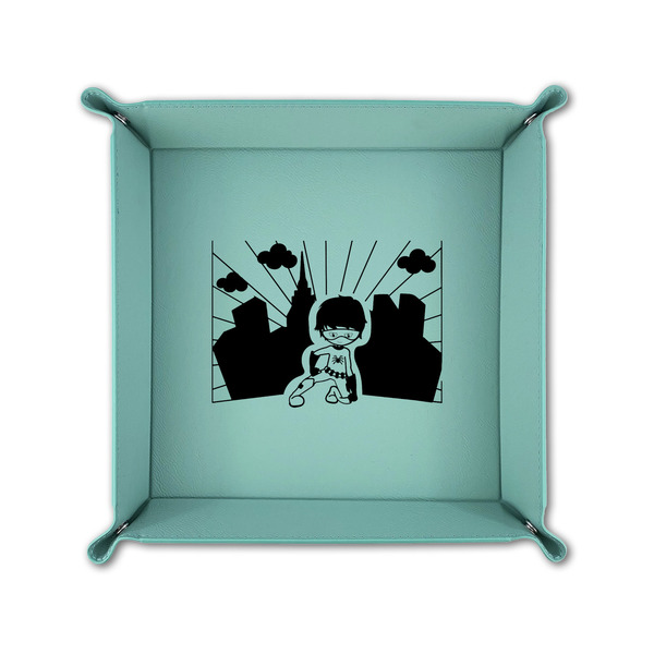 Superhero in the City 6" x 6" Teal Leatherette Snap Up Tray - FOLDED UP