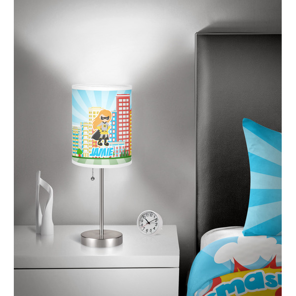 Superhero in the City 7 inch drum lamp shade - in room
