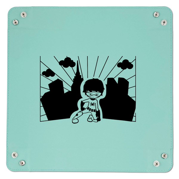 Superhero in the City 9" x 9" Teal Leatherette Snap Up Tray - APPROVAL