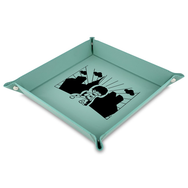 Custom Superhero in the City 9" x 9" Teal Faux Leather Valet Tray
