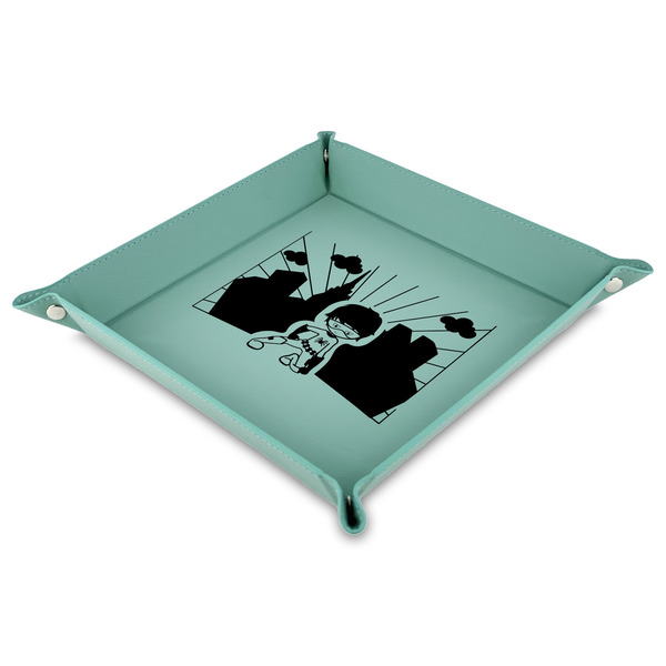 Custom Superhero in the City Faux Leather Dice Tray - 9" x 9"  - Teal