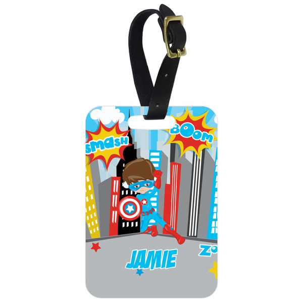 Custom Superhero in the City Metal Luggage Tag w/ Name or Text