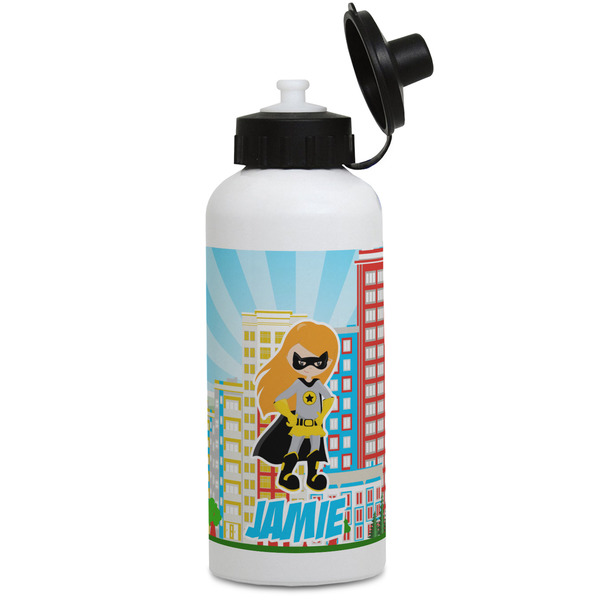 Custom Superhero in the City Water Bottles - Aluminum - 20 oz - White (Personalized)