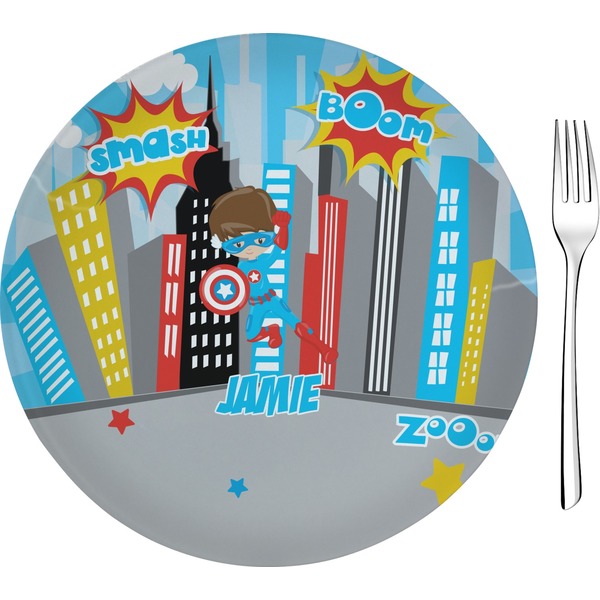 Custom Superhero in the City 8" Glass Appetizer / Dessert Plates - Single or Set (Personalized)