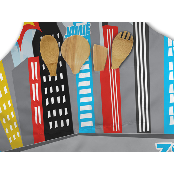 Superhero in the City Apron - Pocket Detail with Props