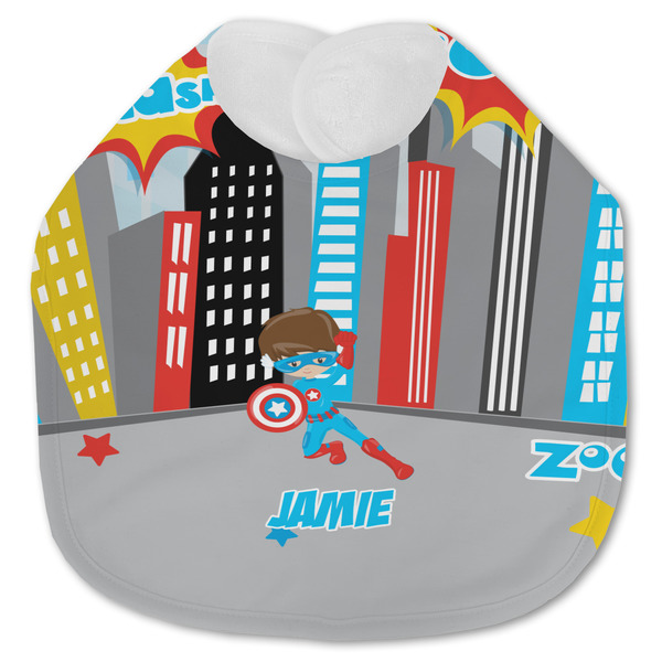 Custom Superhero in the City Jersey Knit Baby Bib w/ Name or Text