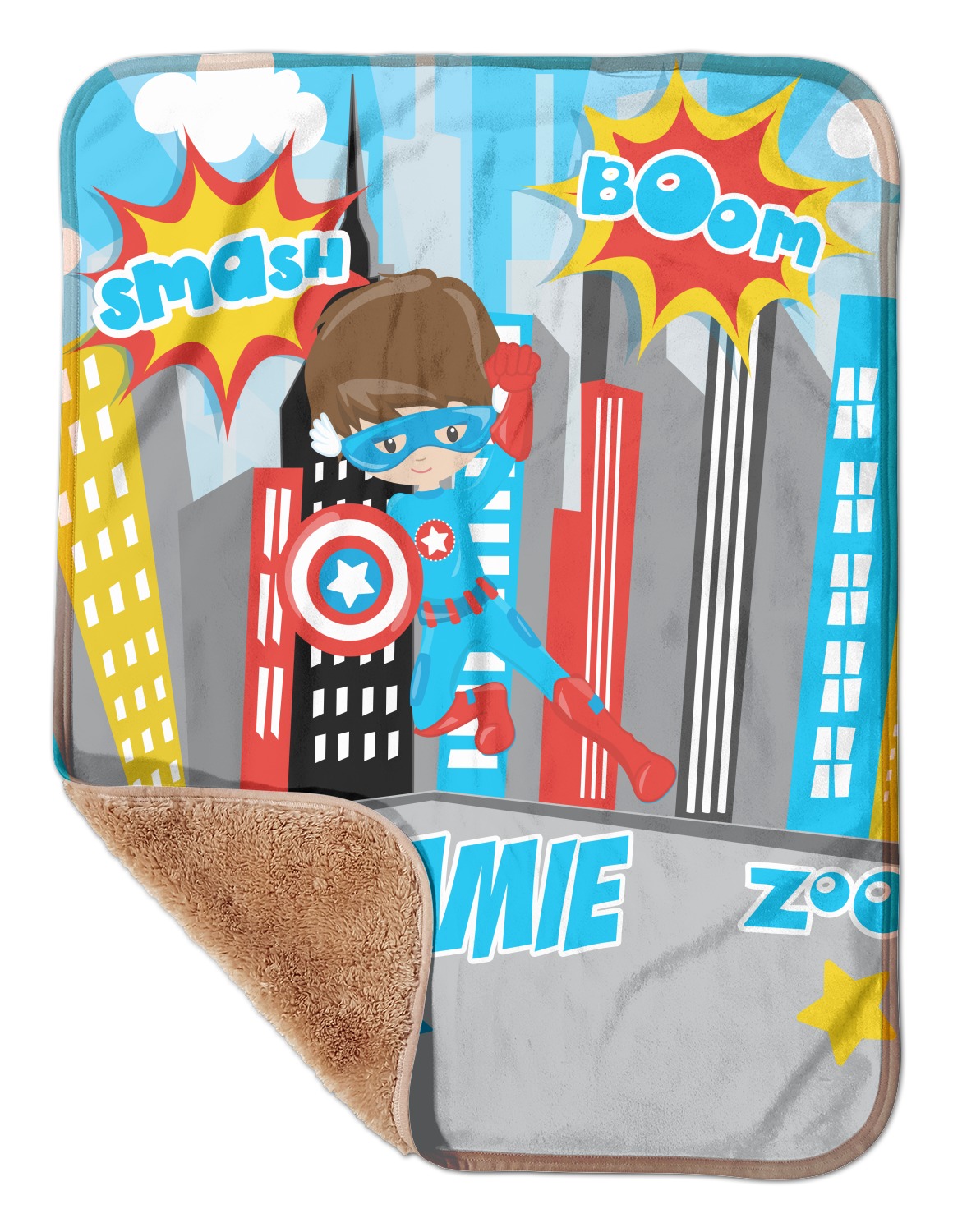 Custom Superhero in the City Sherpa Baby Blanket 30" x 40" w/ Name or Text YouCustomizeIt