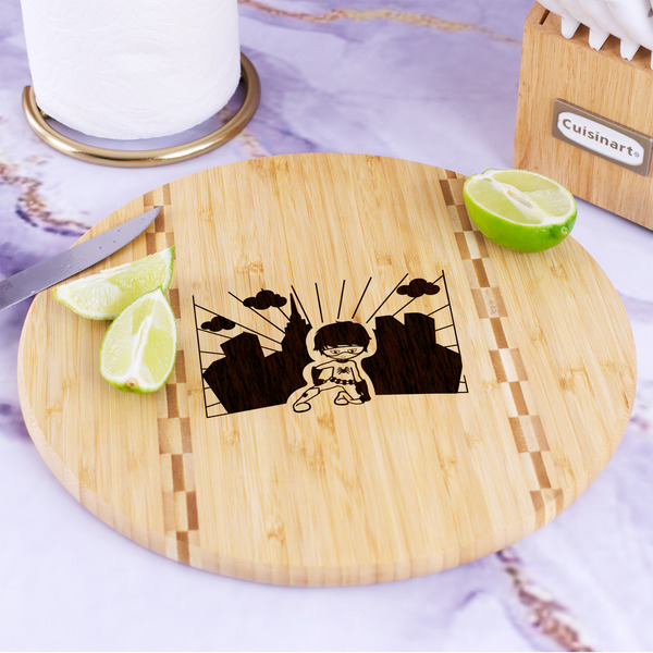 Superhero in the City Bamboo Cutting Board - In Context