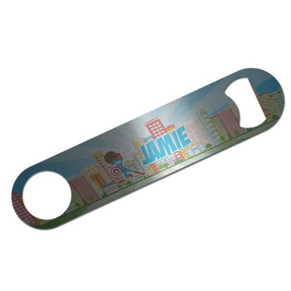 Custom Superhero in the City Bar Bottle Opener - Silver w/ Name or Text