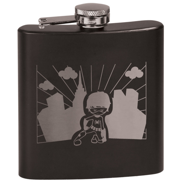 Custom Superhero in the City Black Flask Set
