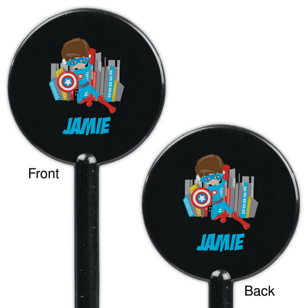 Superhero in the City Black Plastic 5.5" Stir Stick - Double Sided - Round - Front & Back