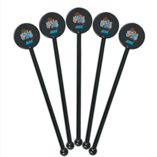 Superhero in the City Black Plastic 5.5" Stir Stick - Round - Fan View