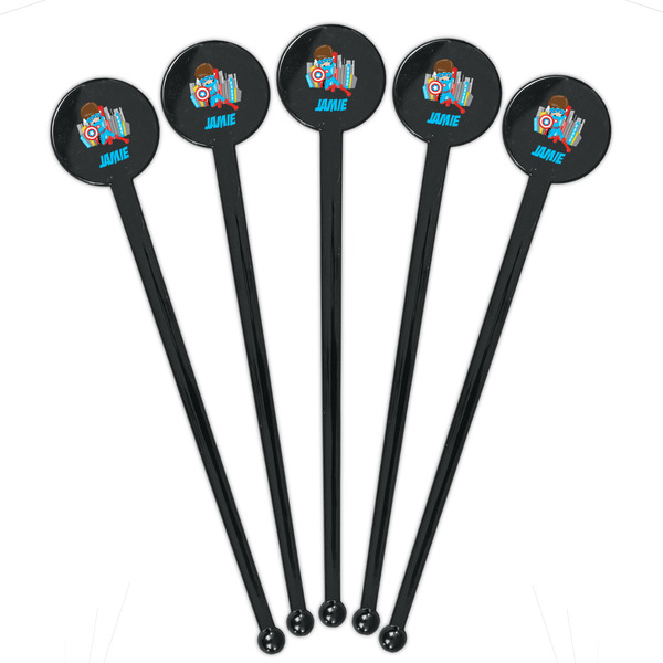 Superhero in the City Black Plastic 7" Stir Stick - Round - Fan View