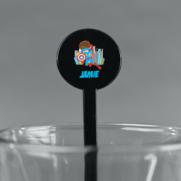 Superhero in the City Black Plastic 7" Stir Stick - Round - Main