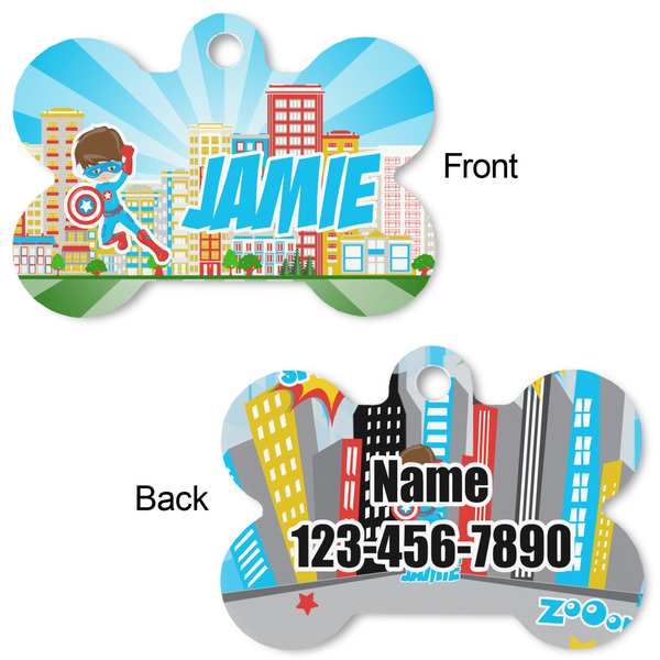Superhero in the City Bone Shaped Dog ID Tag - Large - Approval