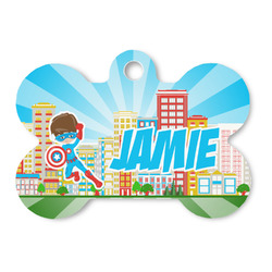 Superhero in the City Bone Shaped Dog ID Tag - Large (Personalized)