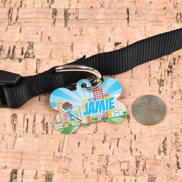 Superhero in the City Bone Shaped Dog ID Tag - Large - In Context
