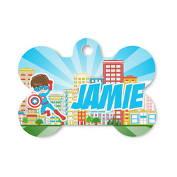 Superhero in the City Bone Shaped Dog ID Tag - Small (Personalized)