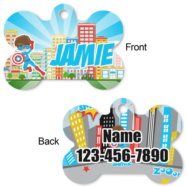 Superhero in the City Bone Shaped Dog Tag - Front & Back
