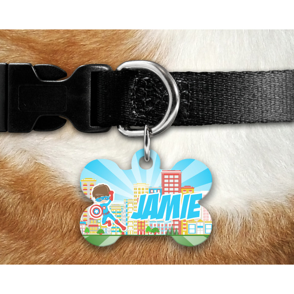 Superhero in the City Bone Shaped Dog Tag on Collar & Dog