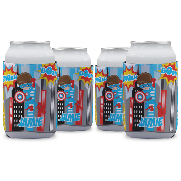 Custom Superhero in the City Can Cooler (12 oz) - Set of 4 w/ Name or Text
