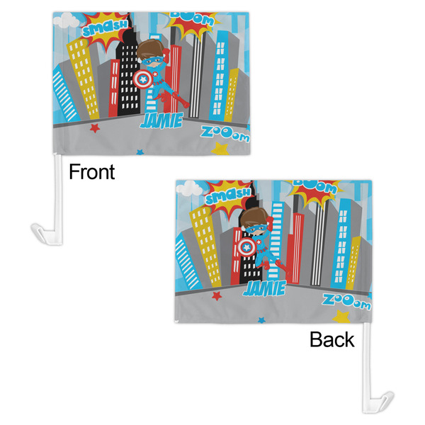 Superhero in the City Car Flag - 11" x 8" - Front & Back View