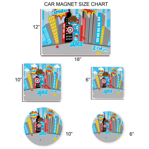 Superhero in the City Car Magnets - SIZE CHART