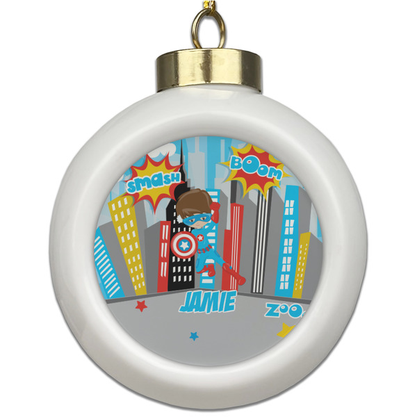 Custom Superhero in the City Ceramic Ball Ornament (Personalized)