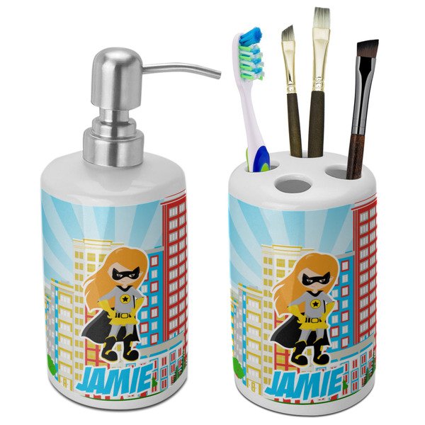 Custom Superhero in the City Ceramic Bathroom Accessories Set (Personalized)