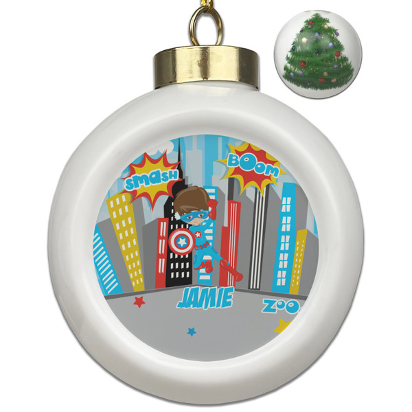 Custom Superhero in the City Ceramic Ball Ornament - Christmas Tree (Personalized)