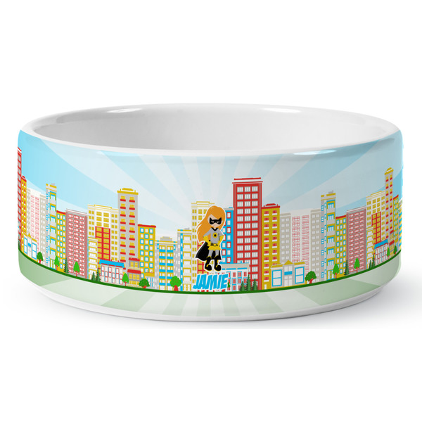 Superhero in the City Ceramic Dog Bowl - Medium - Front
