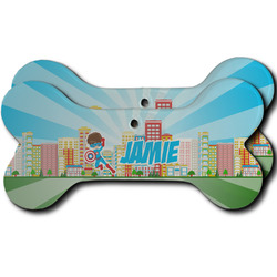 Superhero in the City Ceramic Dog Ornament - Front & Back w/ Name or Text