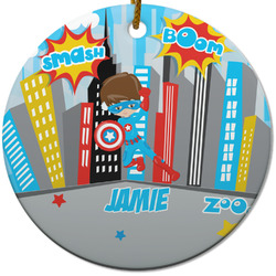 Superhero in the City Round Ceramic Ornament w/ Name or Text