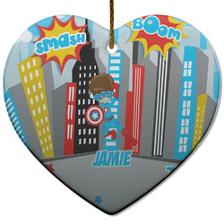 Superhero in the City Heart Ceramic Ornament w/ Name or Text