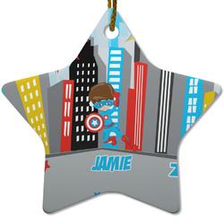 Superhero in the City Star Ceramic Ornament w/ Name or Text