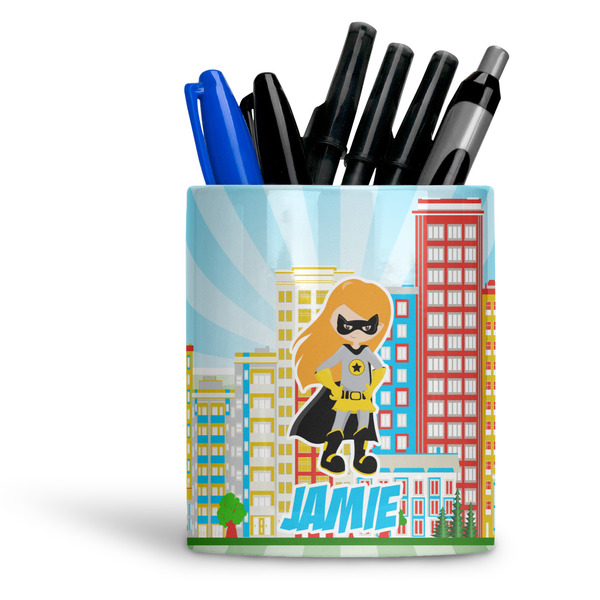 Custom Superhero in the City Ceramic Pen Holder