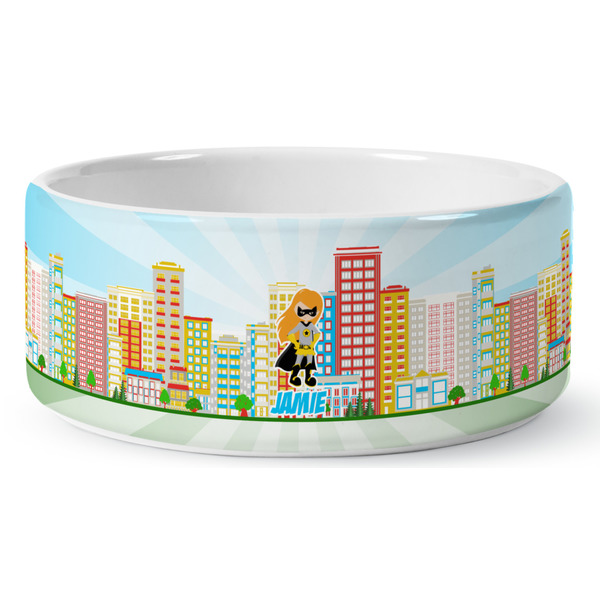 Custom Superhero in the City Ceramic Dog Bowl (Personalized)
