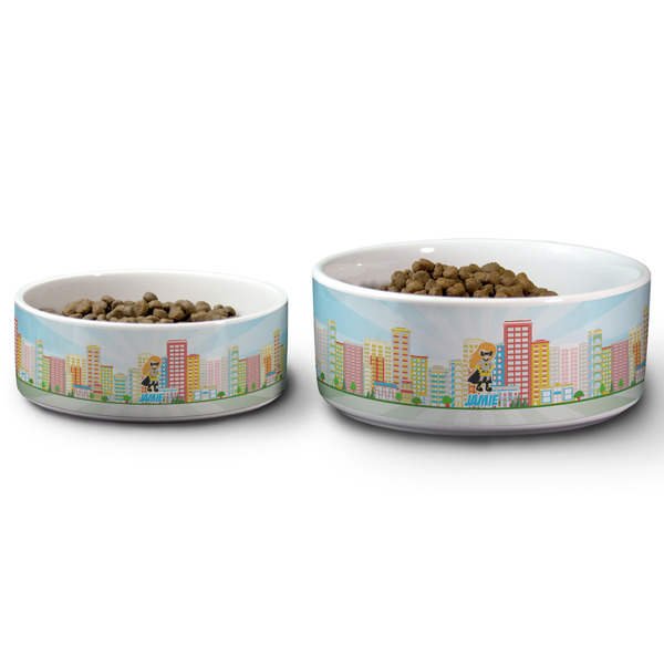 Superhero in the City Ceramic Dog Bowls - Size Comparison