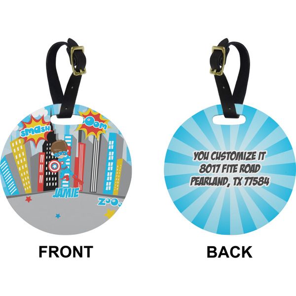 Superhero in the City Circle Luggage Tag (Front + Back)