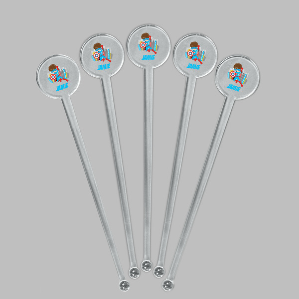 Superhero in the City Clear Plastic 7" Stir Stick - Round - Fan View