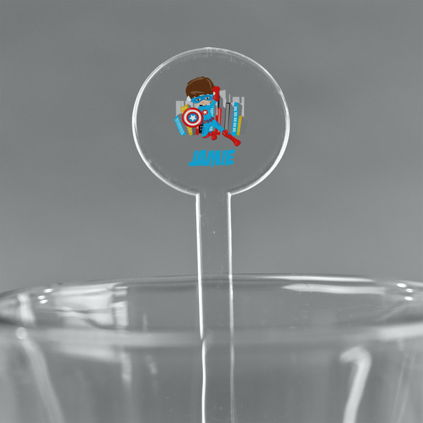 Custom Superhero in the City 5.5" Round Plastic Stir Sticks - Clear (Personalized)