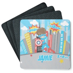 Superhero in the City Square Rubber Backed Coasters - Set of 4 (Personalized)