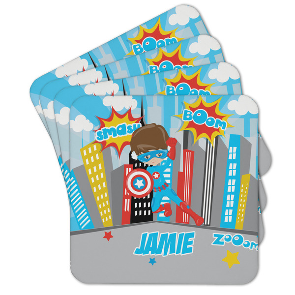Custom Superhero in the City Cork Coaster - Set of 4 w/ Name or Text