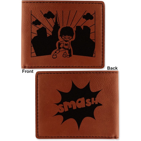 Superhero in the City Cognac Leatherette Bifold Wallets - Front and Back