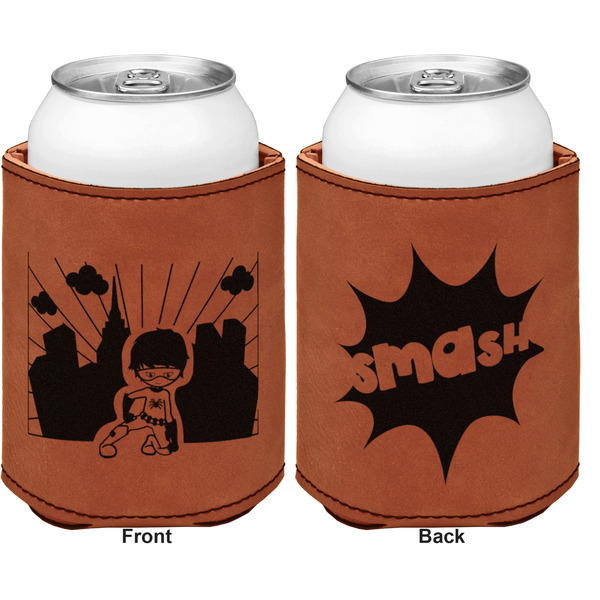 Superhero in the City Cognac Leatherette Can Sleeve - Double Sided Front and Back